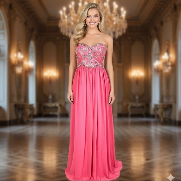 Strapless Pink Gown 8 Crystal Beaded Flowing Chiffon Prom Pageant Formal Dress - Picture 10 of 10